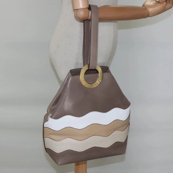 CELINE Shoulder Bag Leather Brown Gold Auth - Picture 1 of 16
